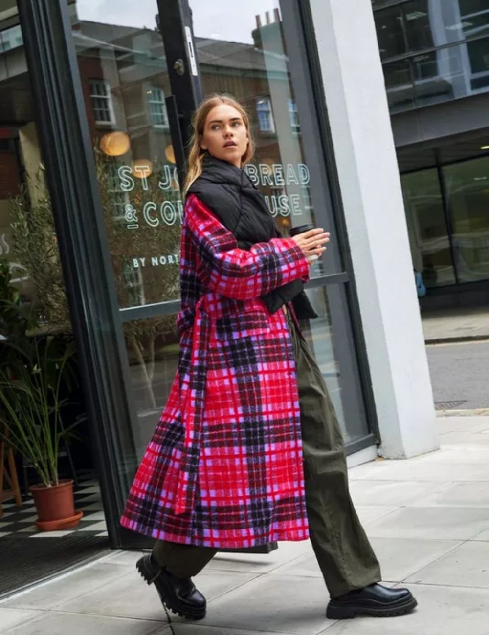 Check Print Longline Coat With Tie Belt