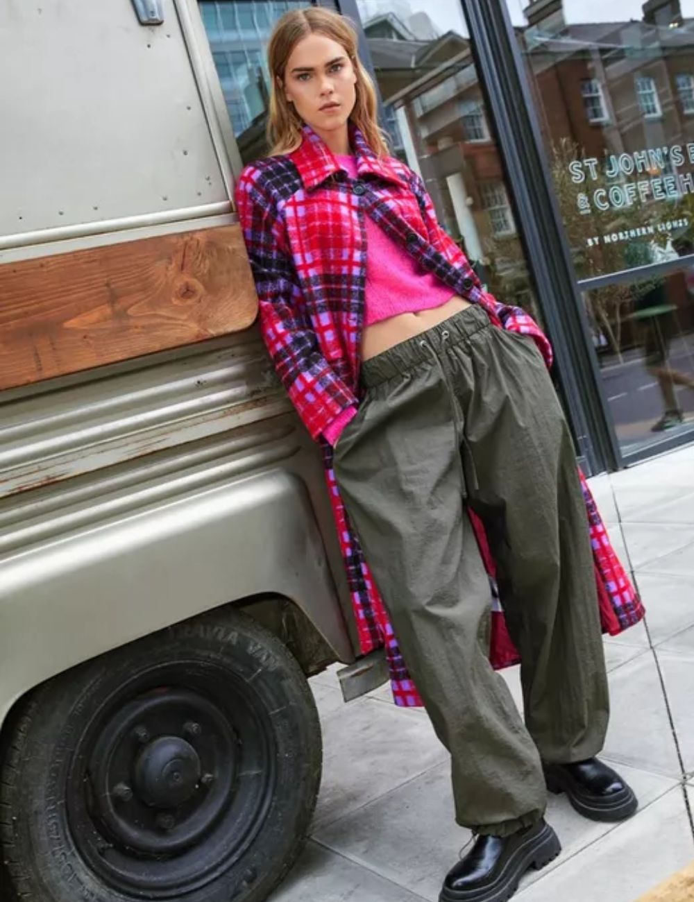 Check Print Longline Coat With Tie Belt - Image 2