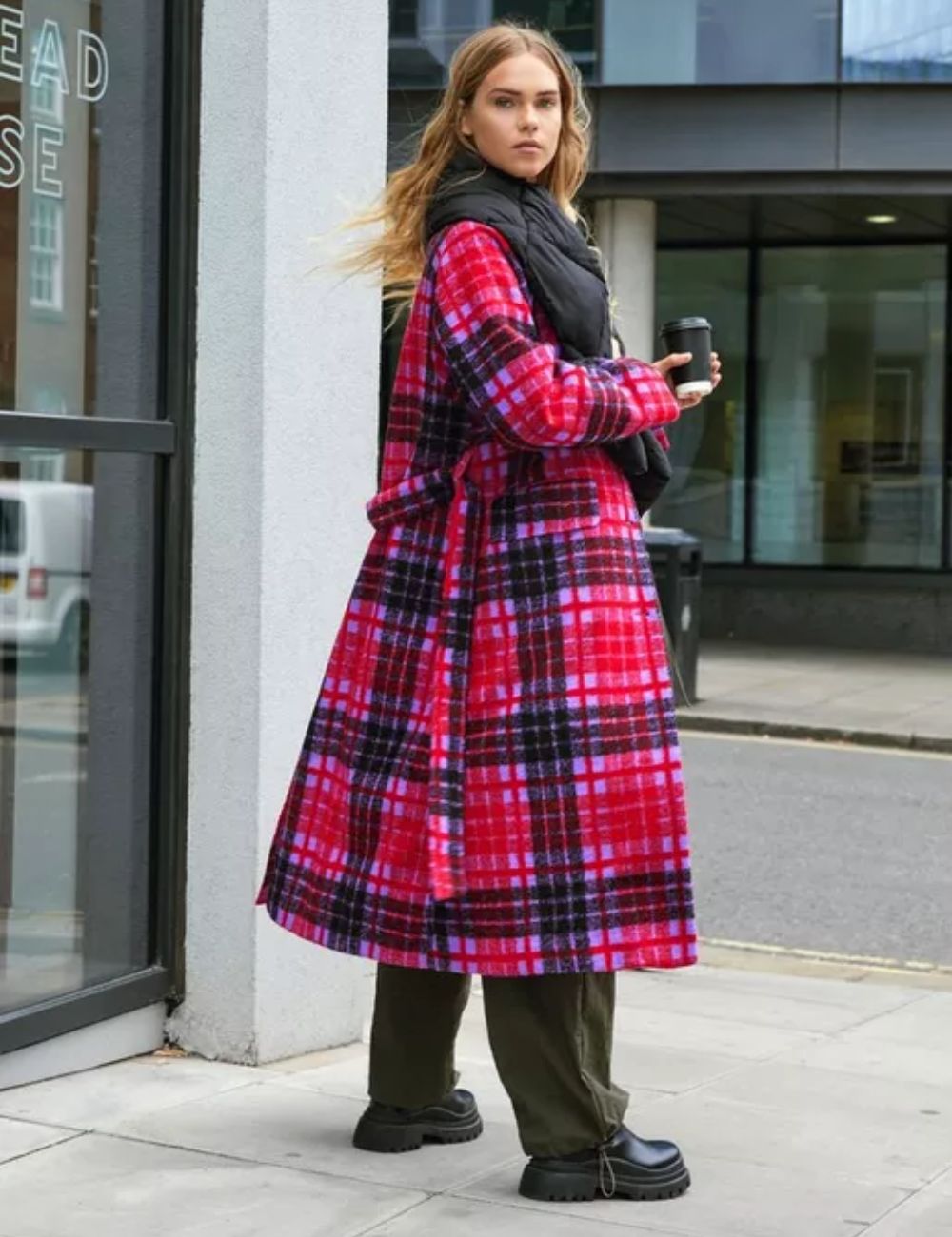 Check Print Longline Coat With Tie Belt - Image 3