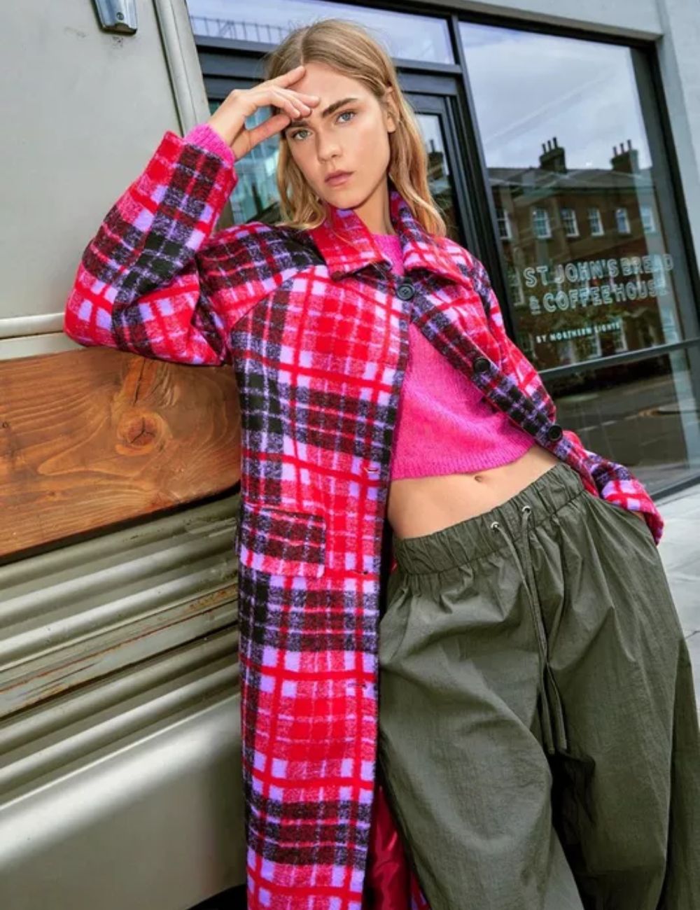 Check Print Longline Coat With Tie Belt - Image 4