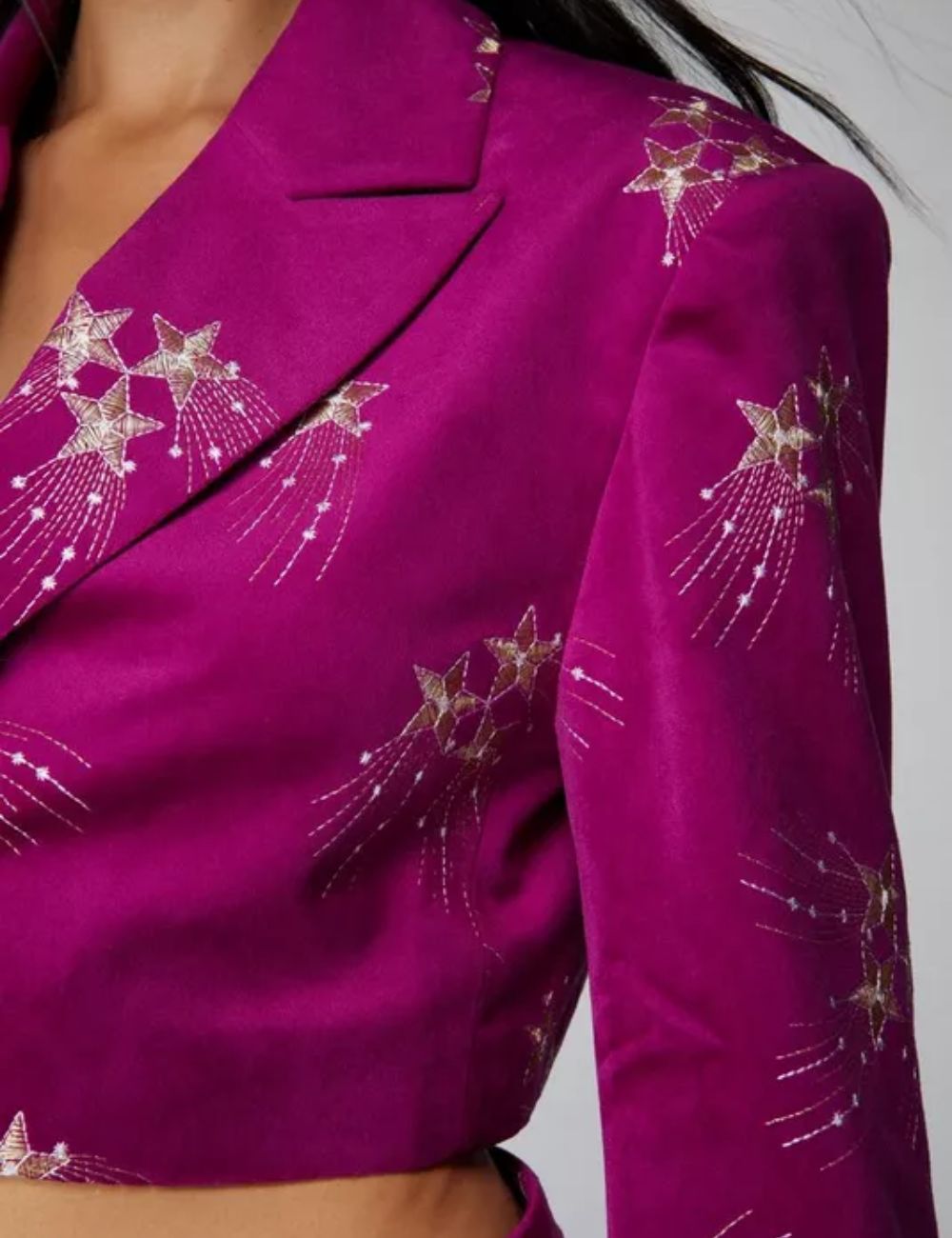 Premium Embroidered Velvet Cropped Blazer - Image 2