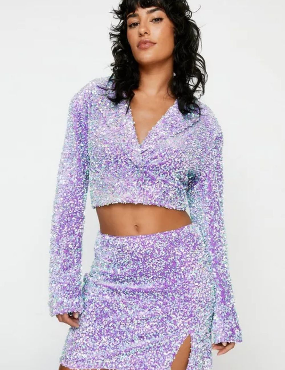 Lapel Neck Crop Sequin Blazer