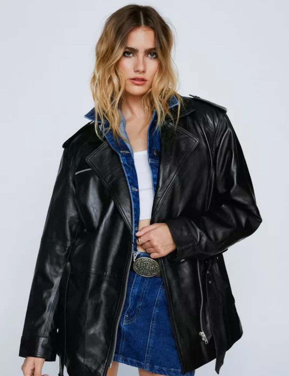 Real Leather Zip Detail Longline Belted Jacket