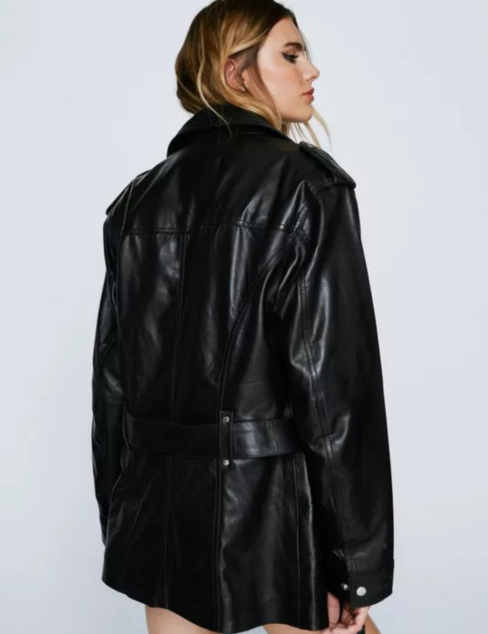 Real Leather Zip Detail Longline Belted Jacket - Image 4
