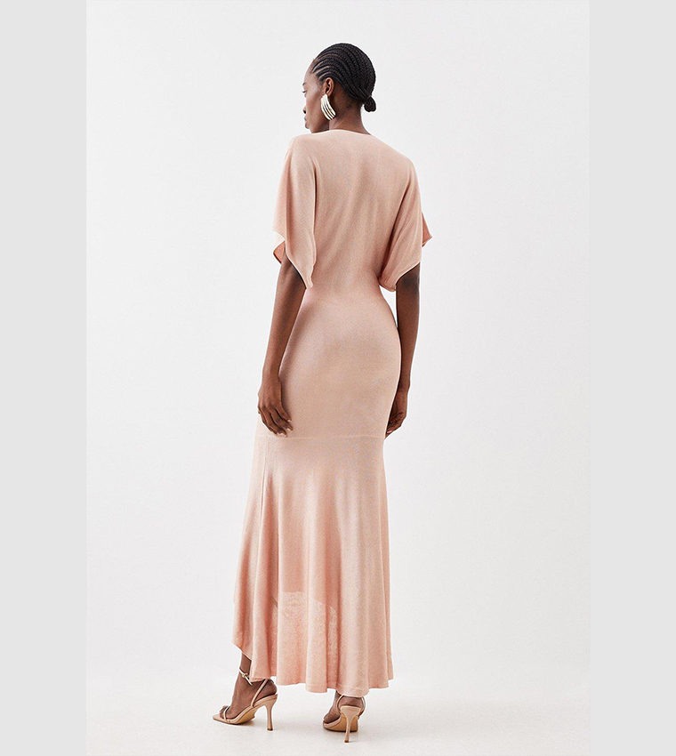 Slinky Knit Kimono Sleeve V Neck High Low Midaxi Dress - Image 3