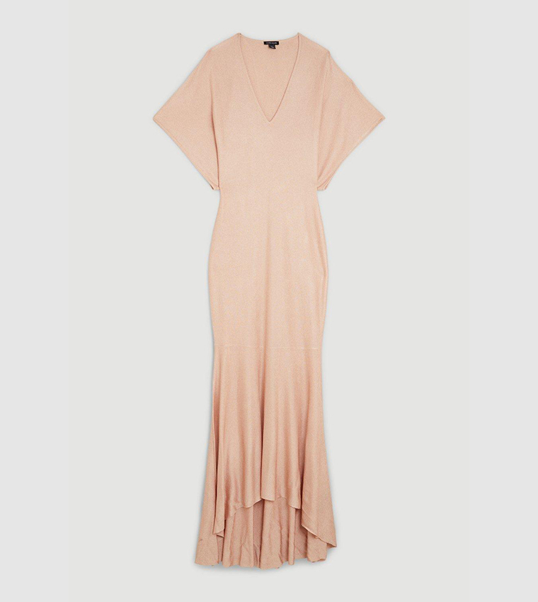 Slinky Knit Kimono Sleeve V Neck High Low Midaxi Dress - Image 4