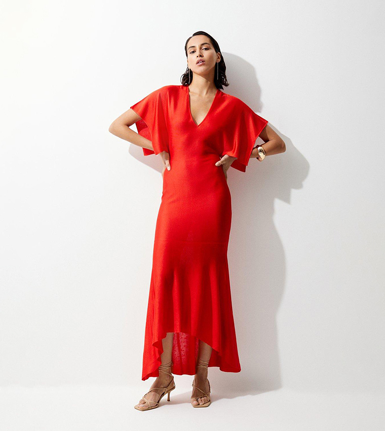 Slinky Knit Kimono Sleeve V Neck High Low Midaxi Dress