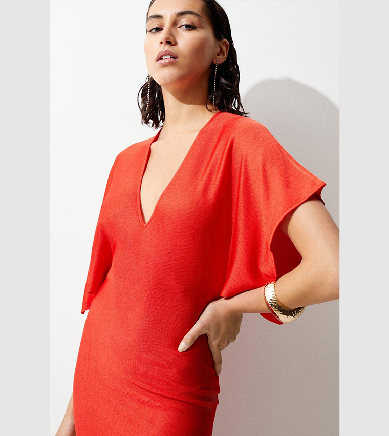 Slinky Knit Kimono Sleeve V Neck High Low Midaxi Dress - Image 2