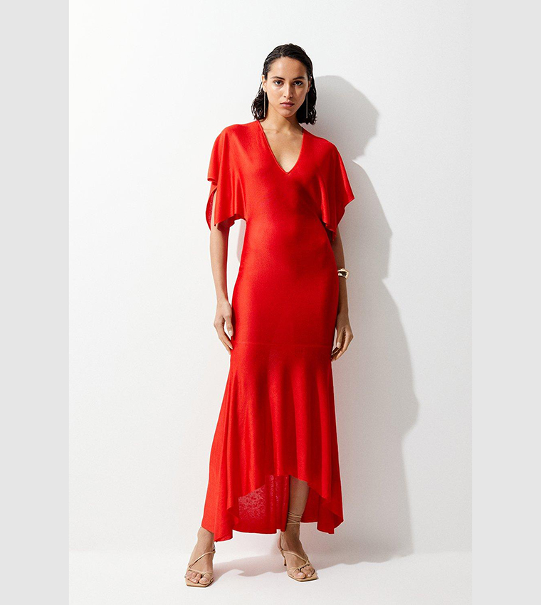 Slinky Knit Kimono Sleeve V Neck High Low Midaxi Dress - Image 3