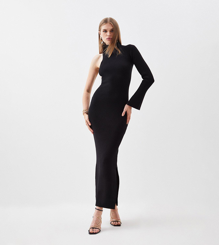 Viscose Blend Rib Knit One Sleeve Maxi Dress