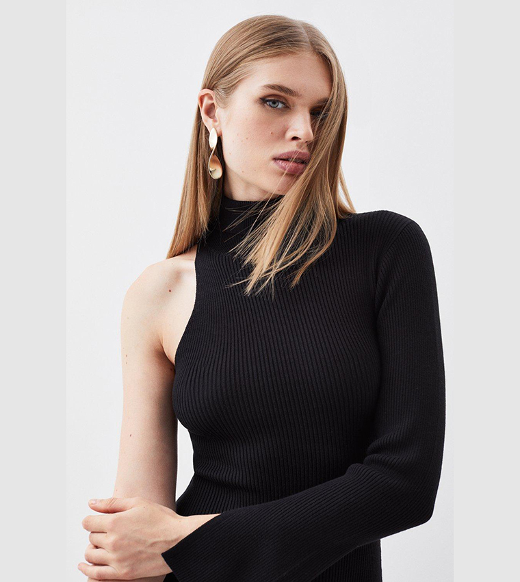 Viscose Blend Rib Knit One Sleeve Maxi Dress