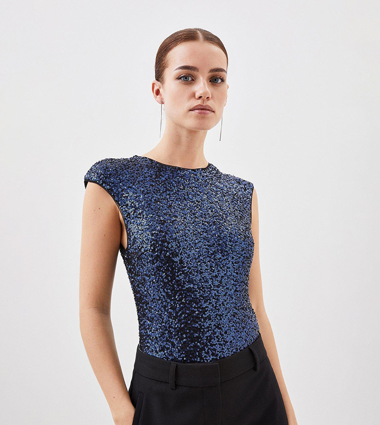 Petite Stretch Sequin Backless Bodysuit