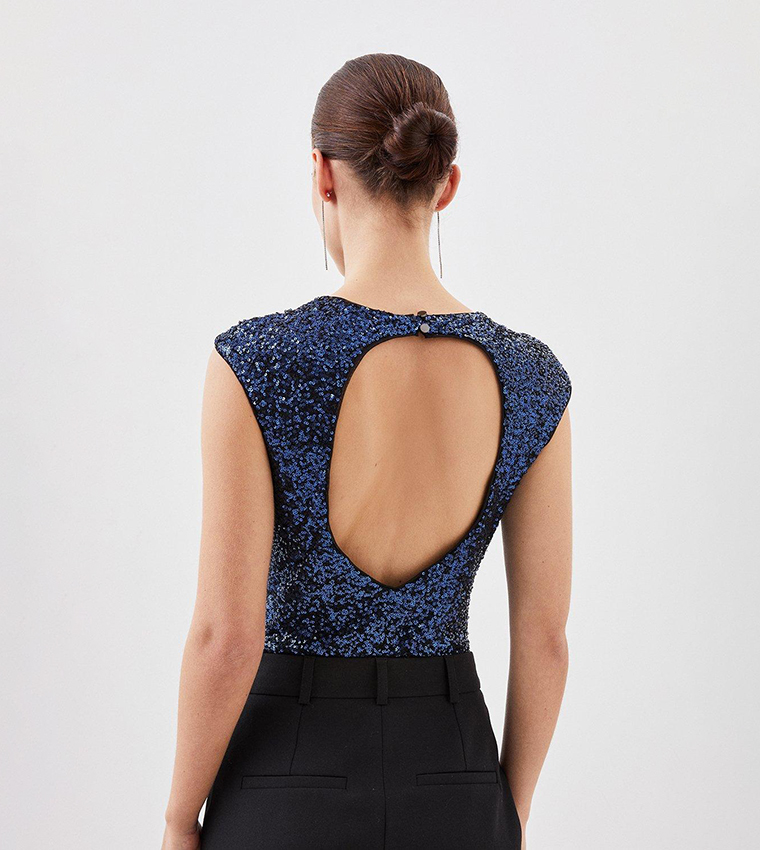 Petite Stretch Sequin Backless Bodysuit - Image 4
