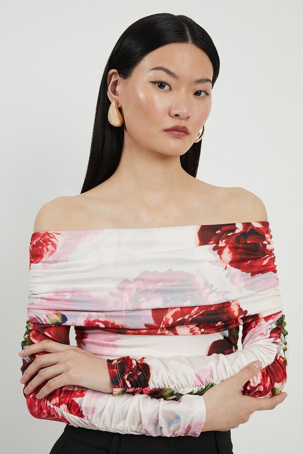 Rose Print Drapey Crepe Jersey Bardot Bodysuit - Image 2