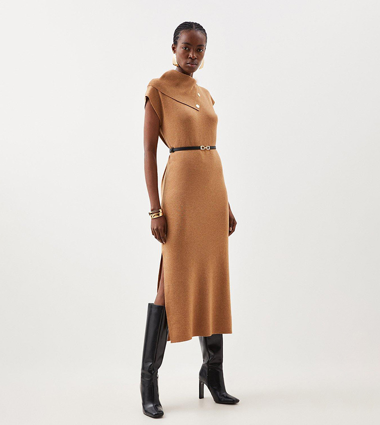 Wool Blend Belted Knit Midaxi Dress