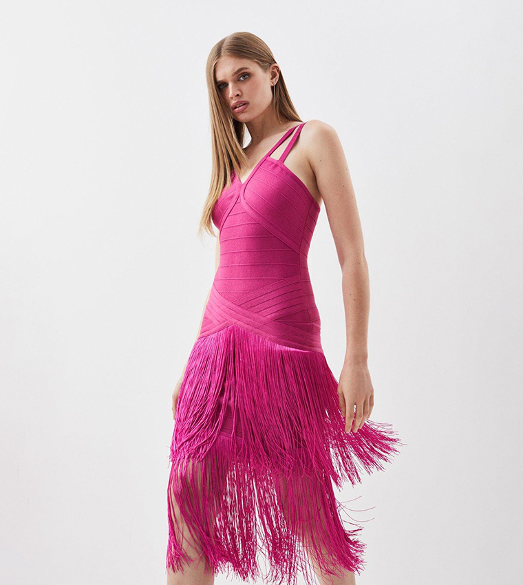 Figure Form Bandage Fringe Knit Midi Dress