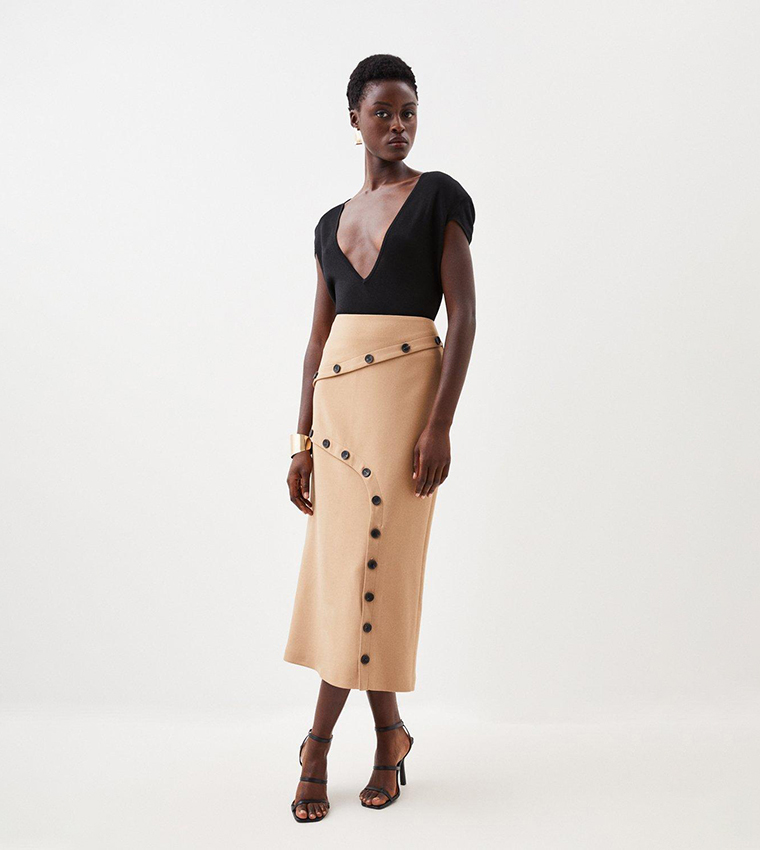 Compact Stretch Asymmetric Button Midi Skirt