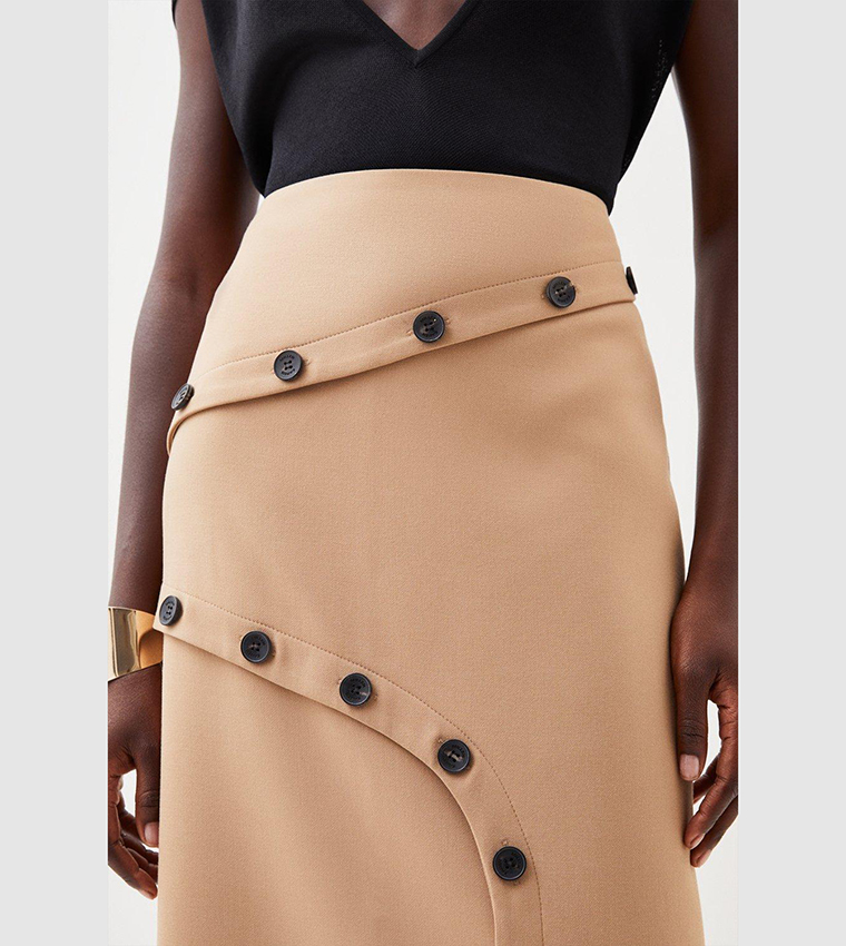 Compact Stretch Asymmetric Button Midi Skirt - Image 2