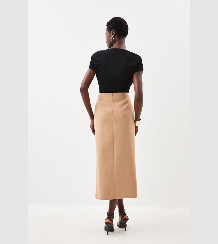 Compact Stretch Asymmetric Button Midi Skirt - Image 3