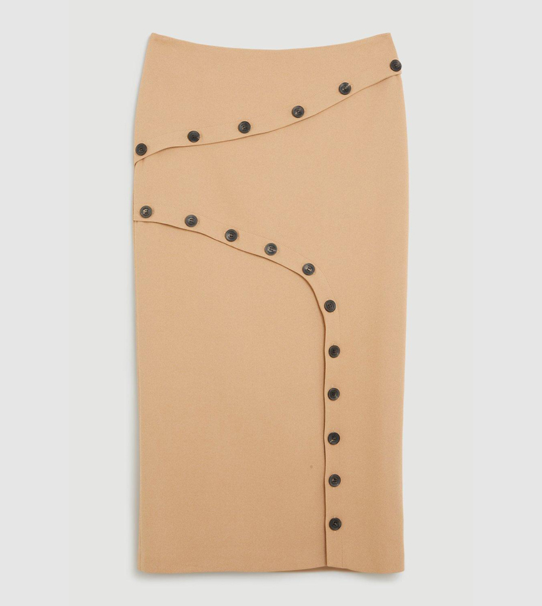 Compact Stretch Asymmetric Button Midi Skirt - Image 4