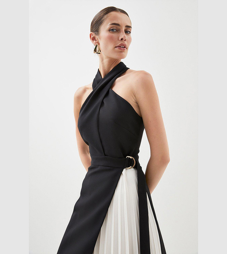 Compact Stretch Halter Neck Pleat Detail Midi Dress - Image 2