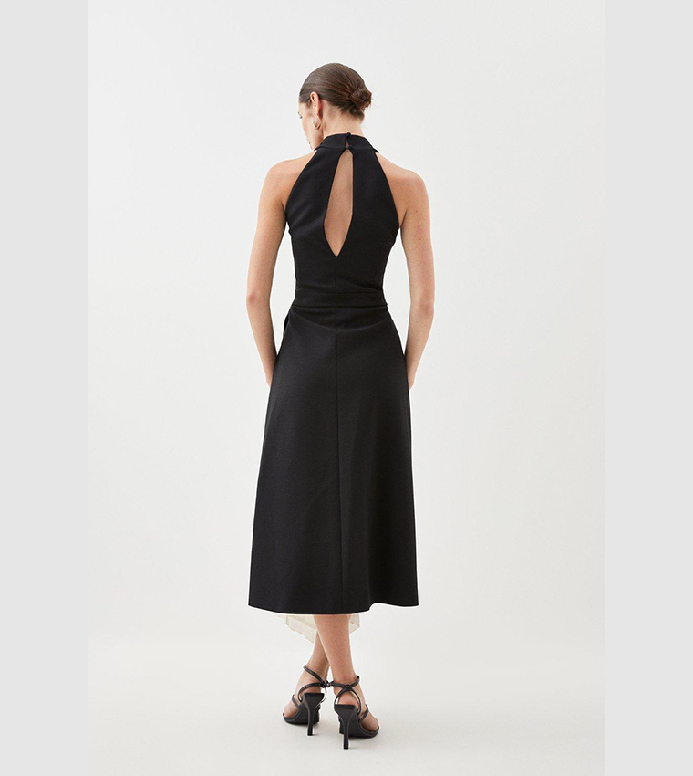 Compact Stretch Halter Neck Pleat Detail Midi Dress - Image 5