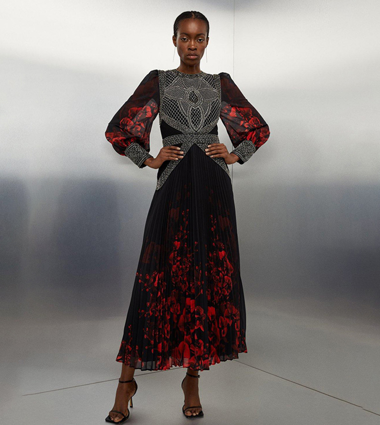 Tall Embellished Long Sleeve Woven Midi Dress