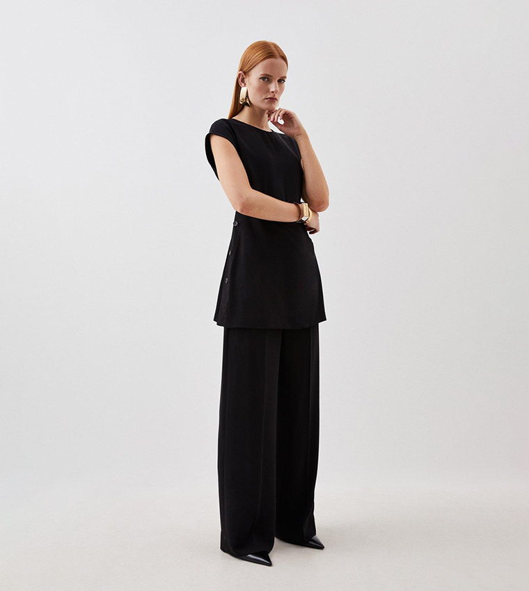 Soft Tailored Button Detailed High Waisted Trousers