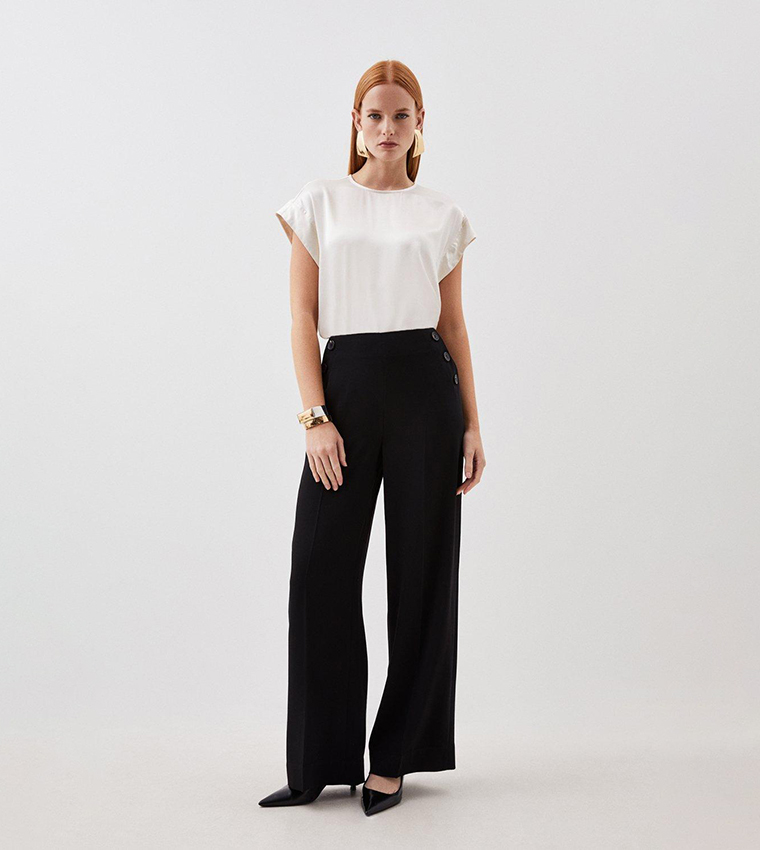 Soft Tailored Button Detailed High Waisted Trousers - Image 3