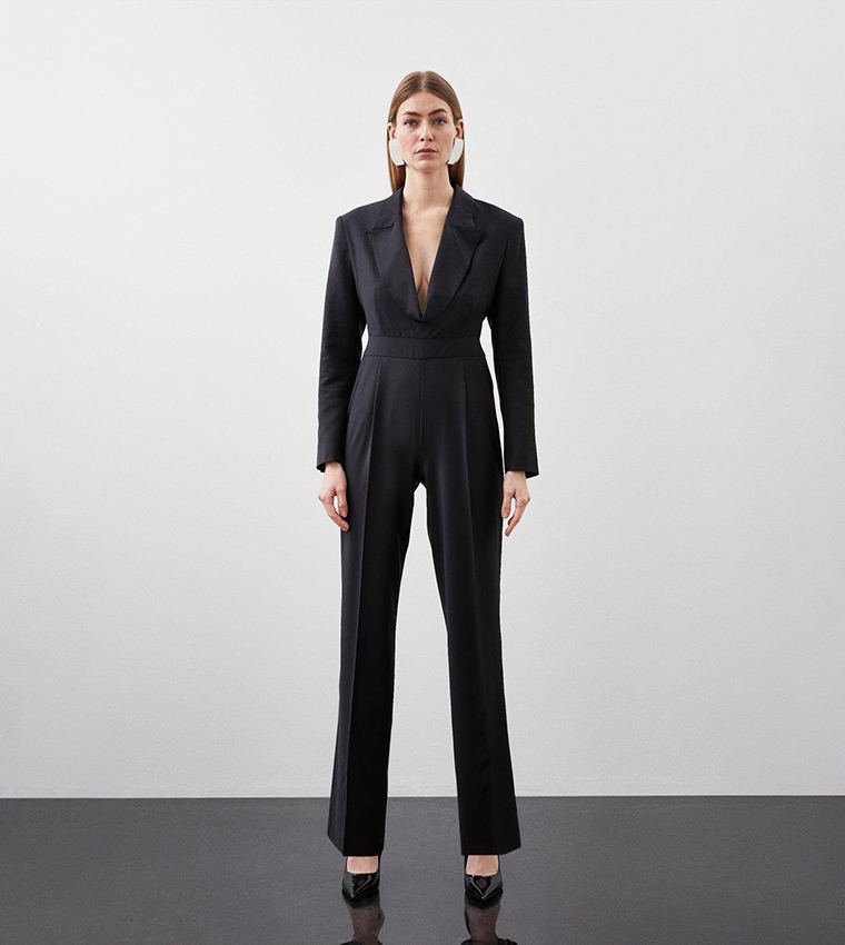Wool Blend Curved Neckline Tailored Blazer Jumpsuit