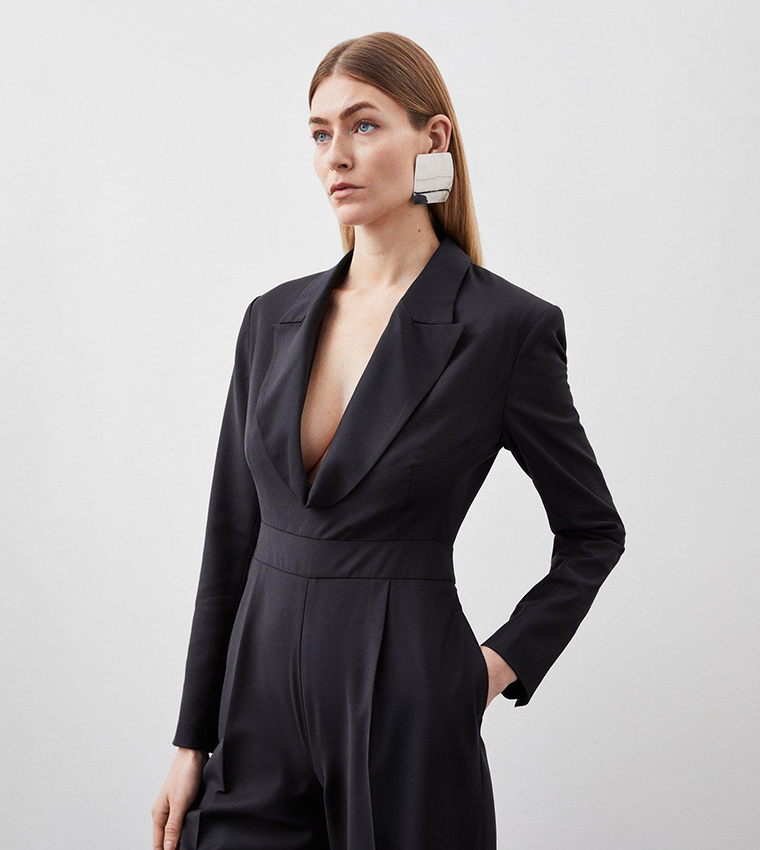 Wool Blend Curved Neckline Tailored Blazer Jumpsuit - Image 2