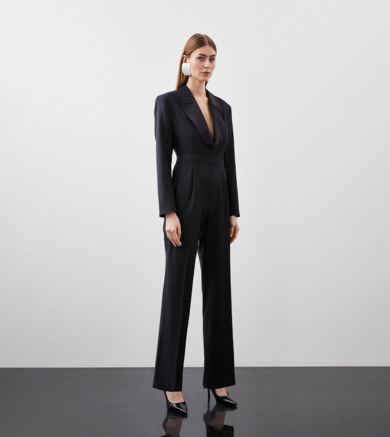 Wool Blend Curved Neckline Tailored Blazer Jumpsuit - Image 3