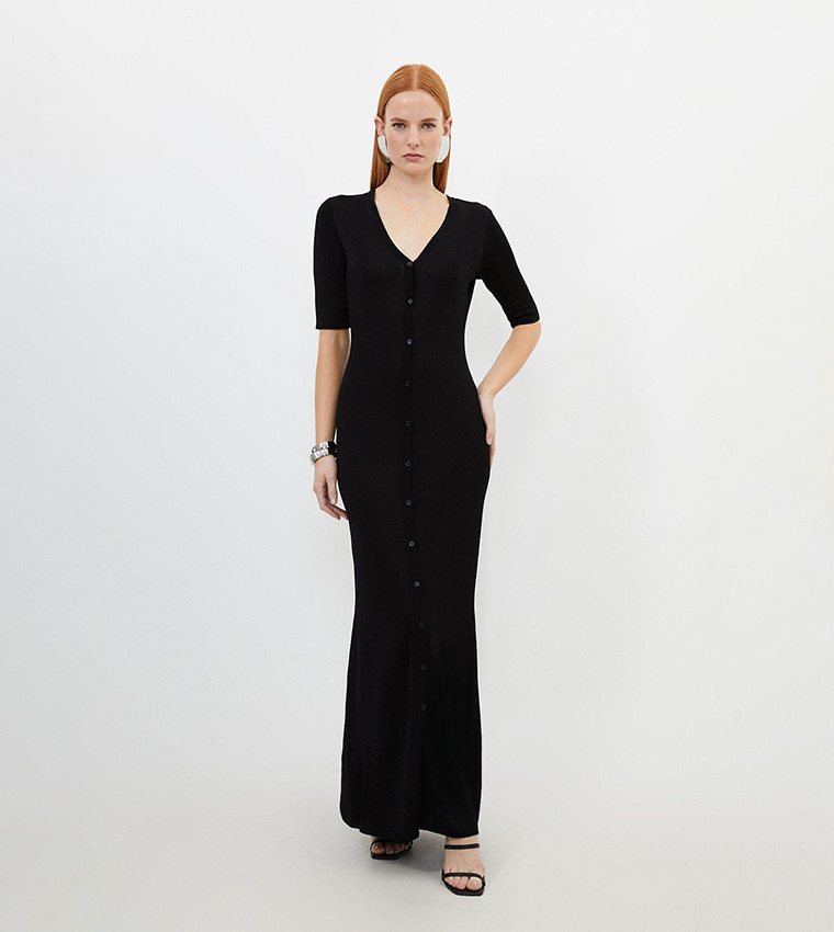 Viscose Blend Slinky Sheer Knit Button Front Midaxi Dress