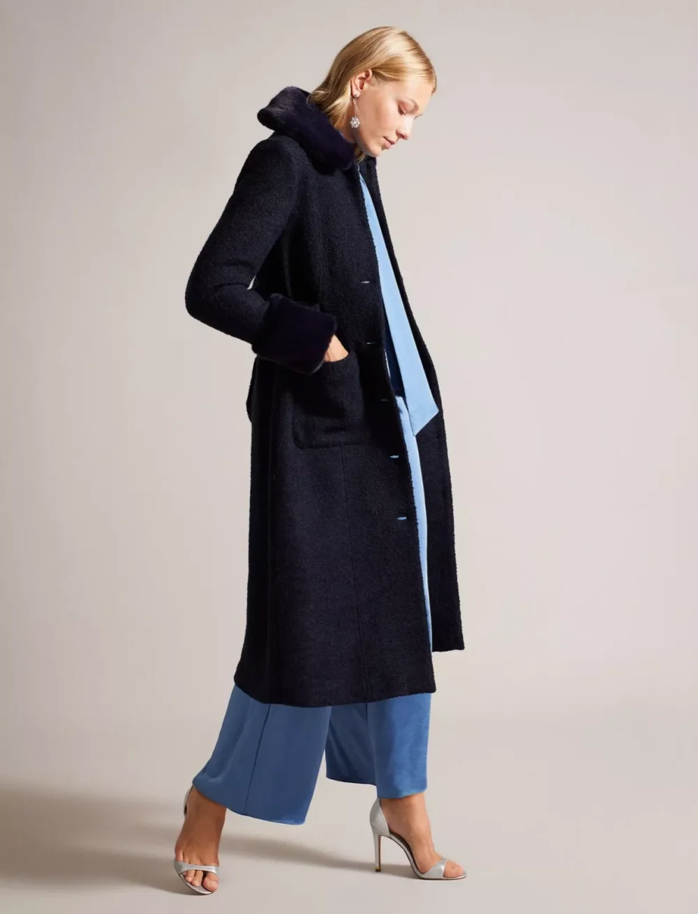 Lyddiia Slim Fit Wool Blend Faux Fur Trim Coat